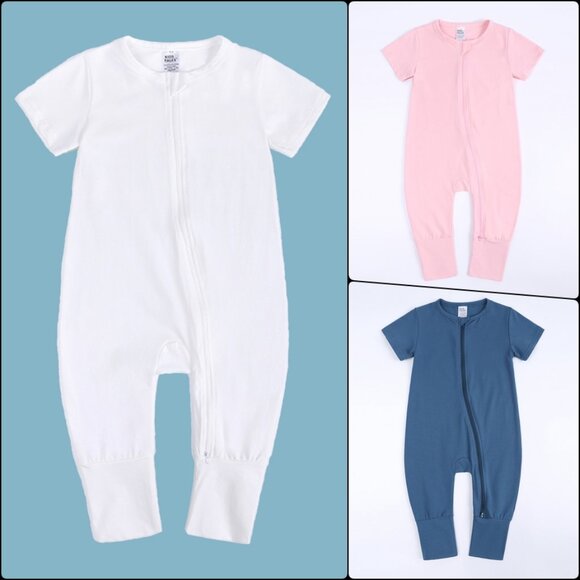 Any Combo*NWT*BABY ROMPER Sleeper Short Sleeve Double Zip White Pink Blue Cotton - Picture 1 of 16